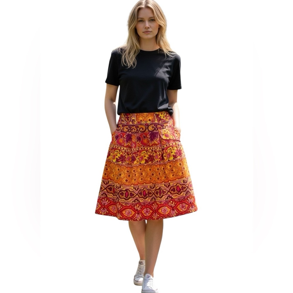 Nanette Lepore A-line retro print skirt orange yellow pink lined pleats 2